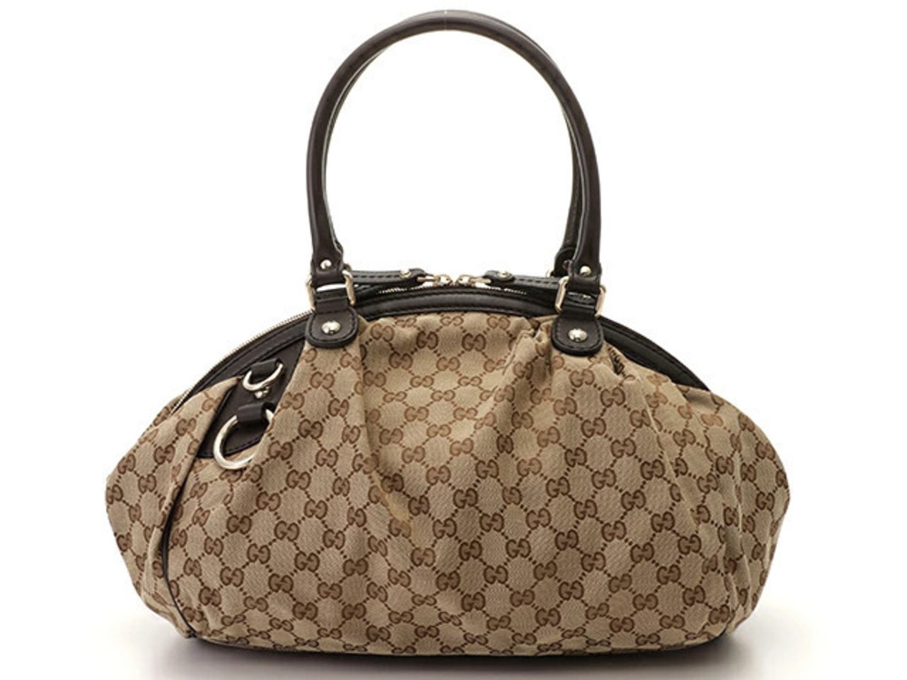 Gucci GG Sukey Shoulder Bag Beige Cream Dark Brown Canvas Calfskin